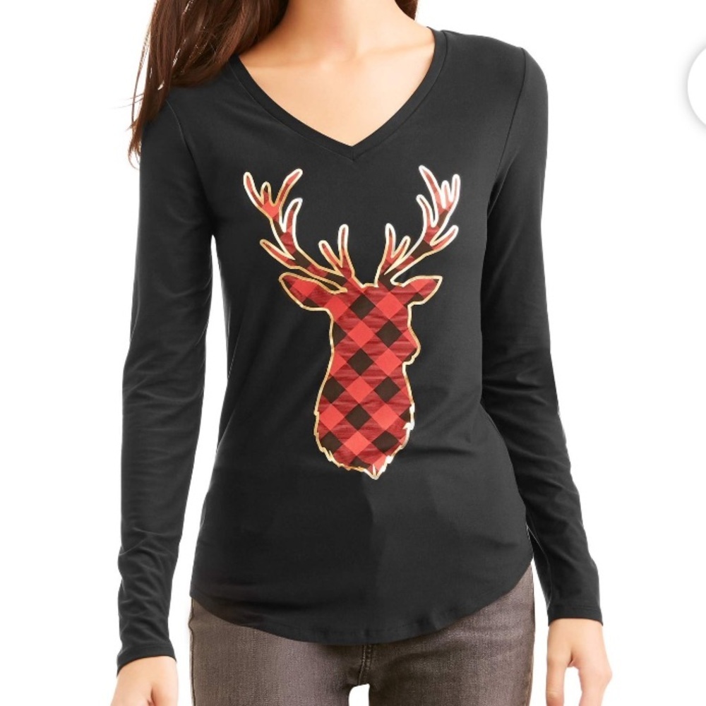 NOBO V- Neck Long Sleeve Black Buffalo Check Deer Tee Size 2X